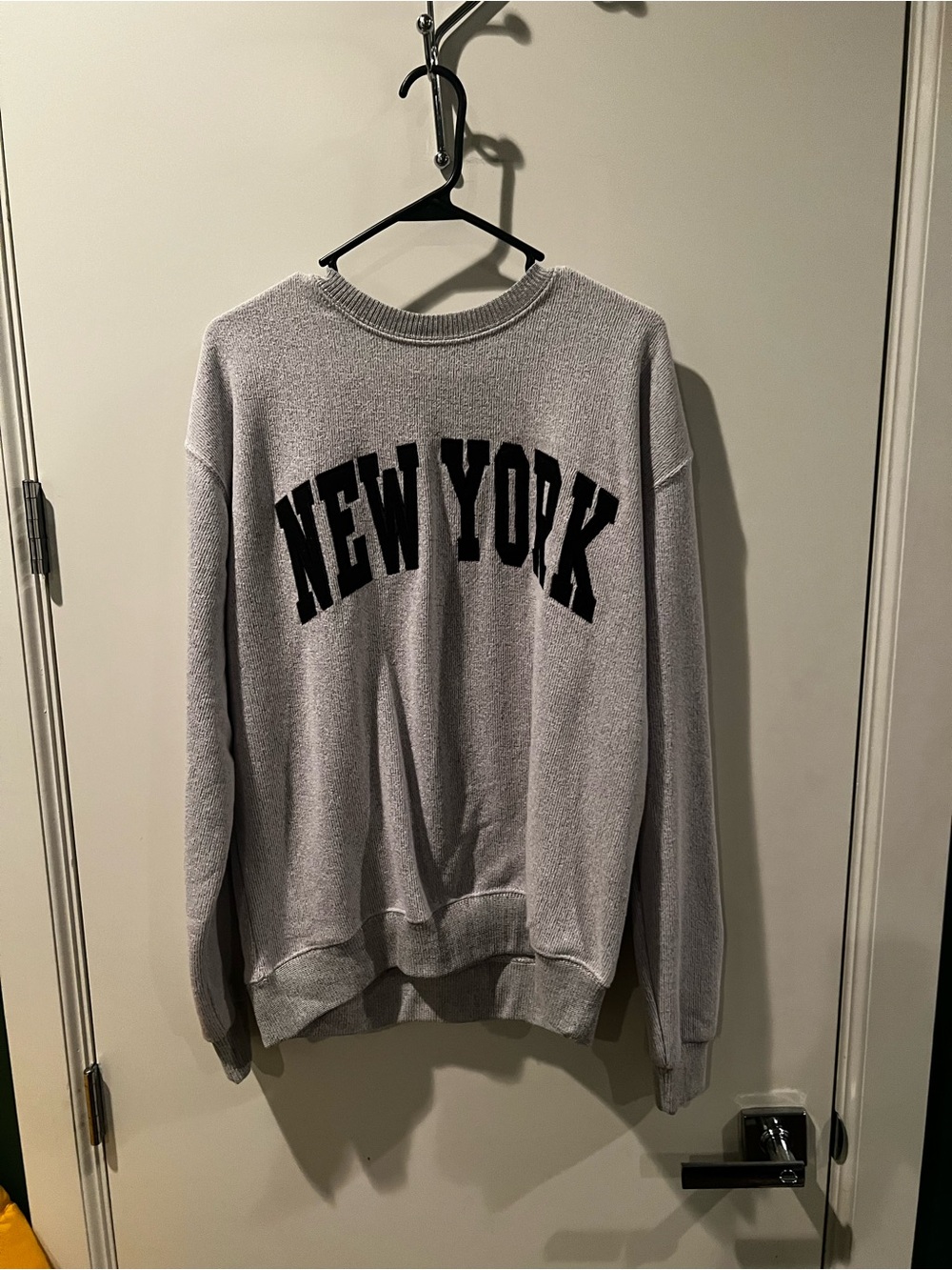 New York & Company Gray Crewneck Sweater with Black Lettering